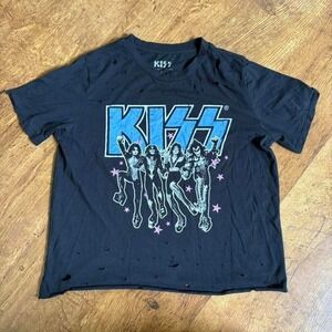 93. faded black navy KISS band t-shirt with blue accents, intentional distressed
